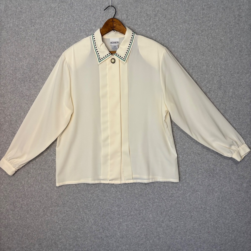 Koret Women's 16 Button Down Blouse Ivory Green Blue Hidden Button Vintage 80s